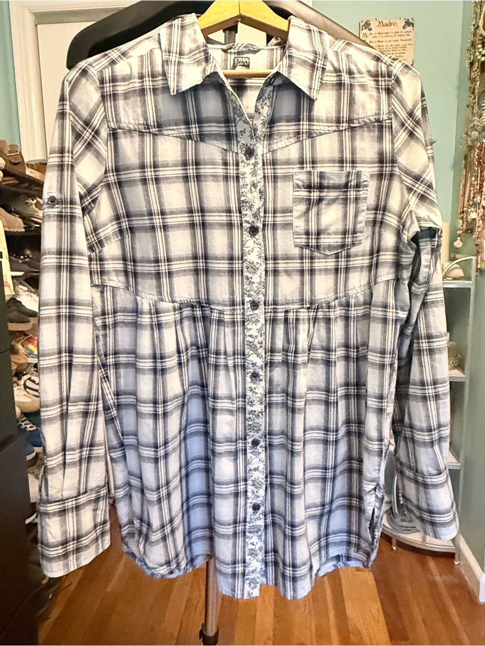 Vintage Free People Plaid Babydoll Tunic Long-Sleeve Button-Up Shirt